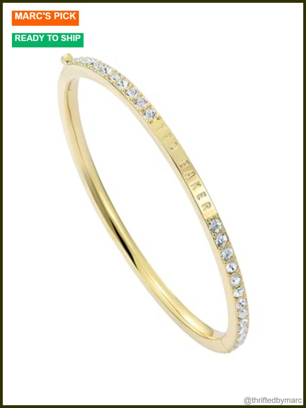 Gold Tone Plated Brass Crystal Hinged Bangle Bracelet